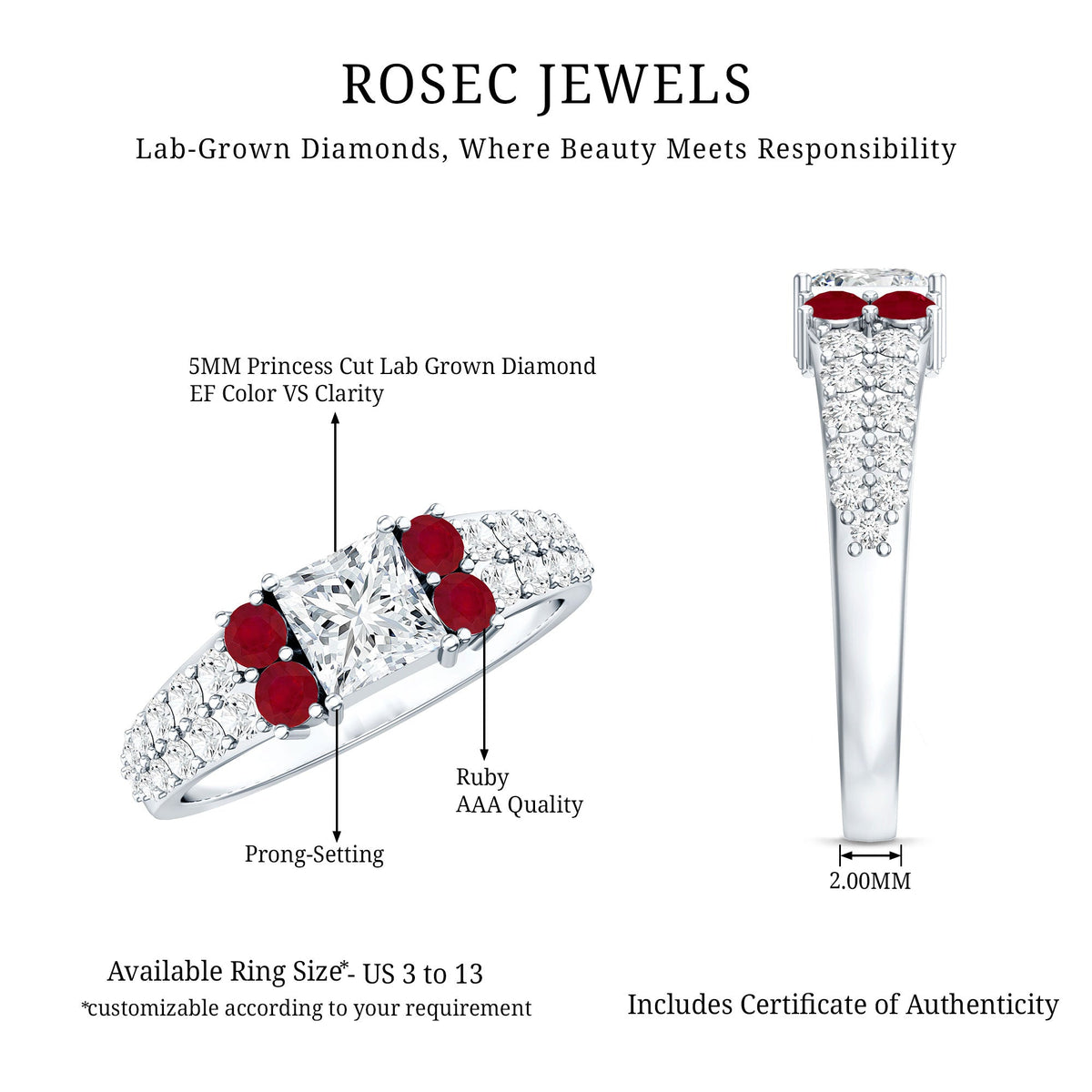 Lab Grown Diamond 0.8 Carat Princess Cut Engagement Ring With Ruby