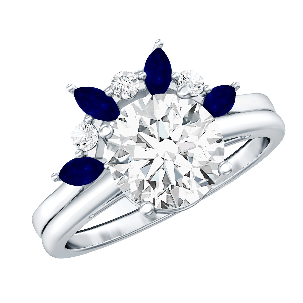 Certified Lab Grown Diamond Designer Engagement Ring Set With Sapphire