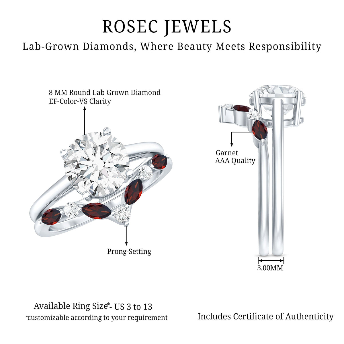 Certified 2 Carat Lab Grown Diamond Bridal Ring Set With Garnet Enhancer