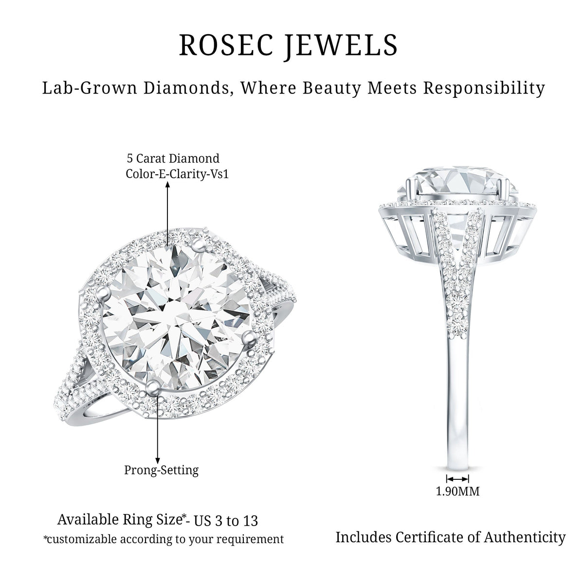 5 Carat Lab Grown Big Diamond Engagement Ring with IGI Certificate