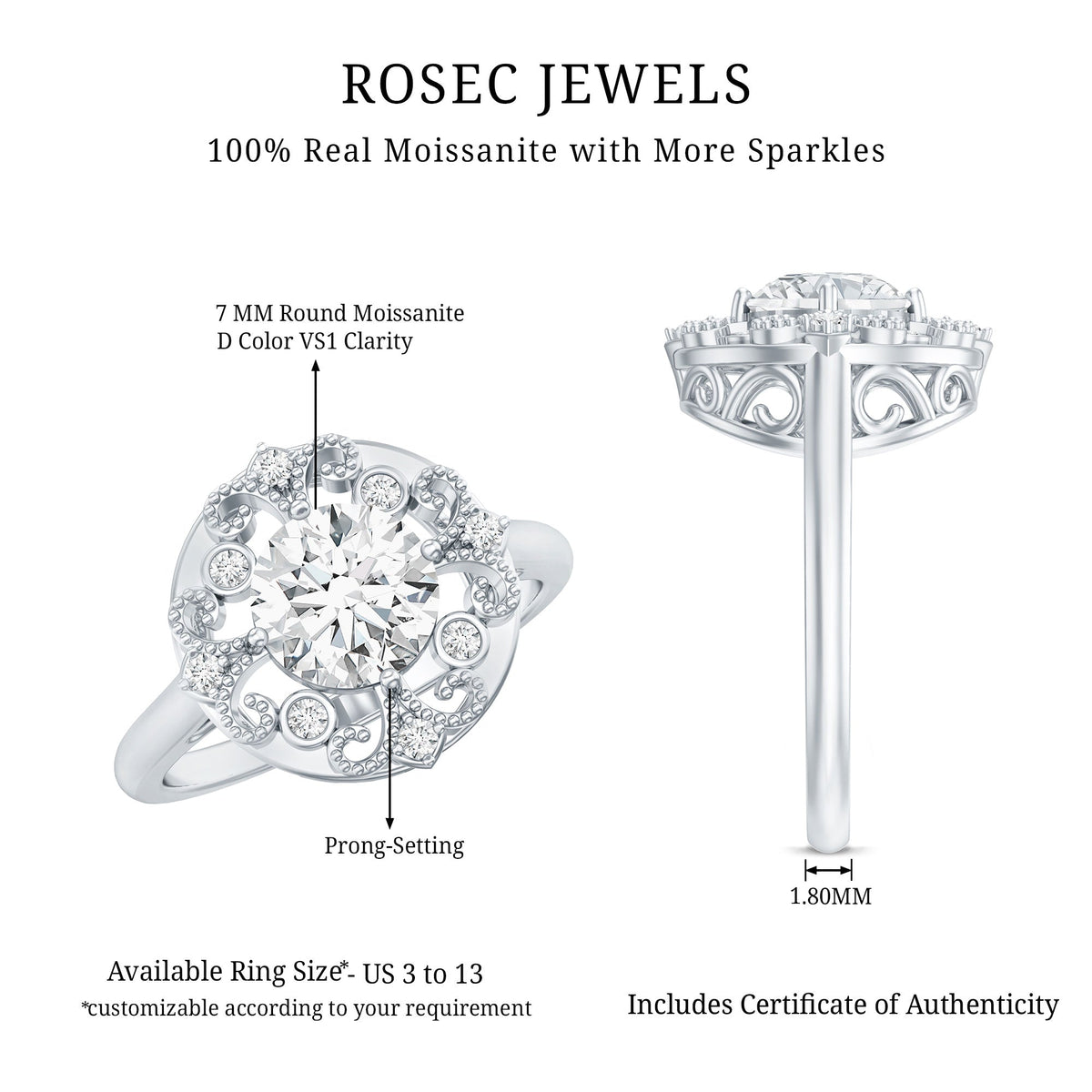 Moissanite Vintage Looking Engagement Ring with Certificate