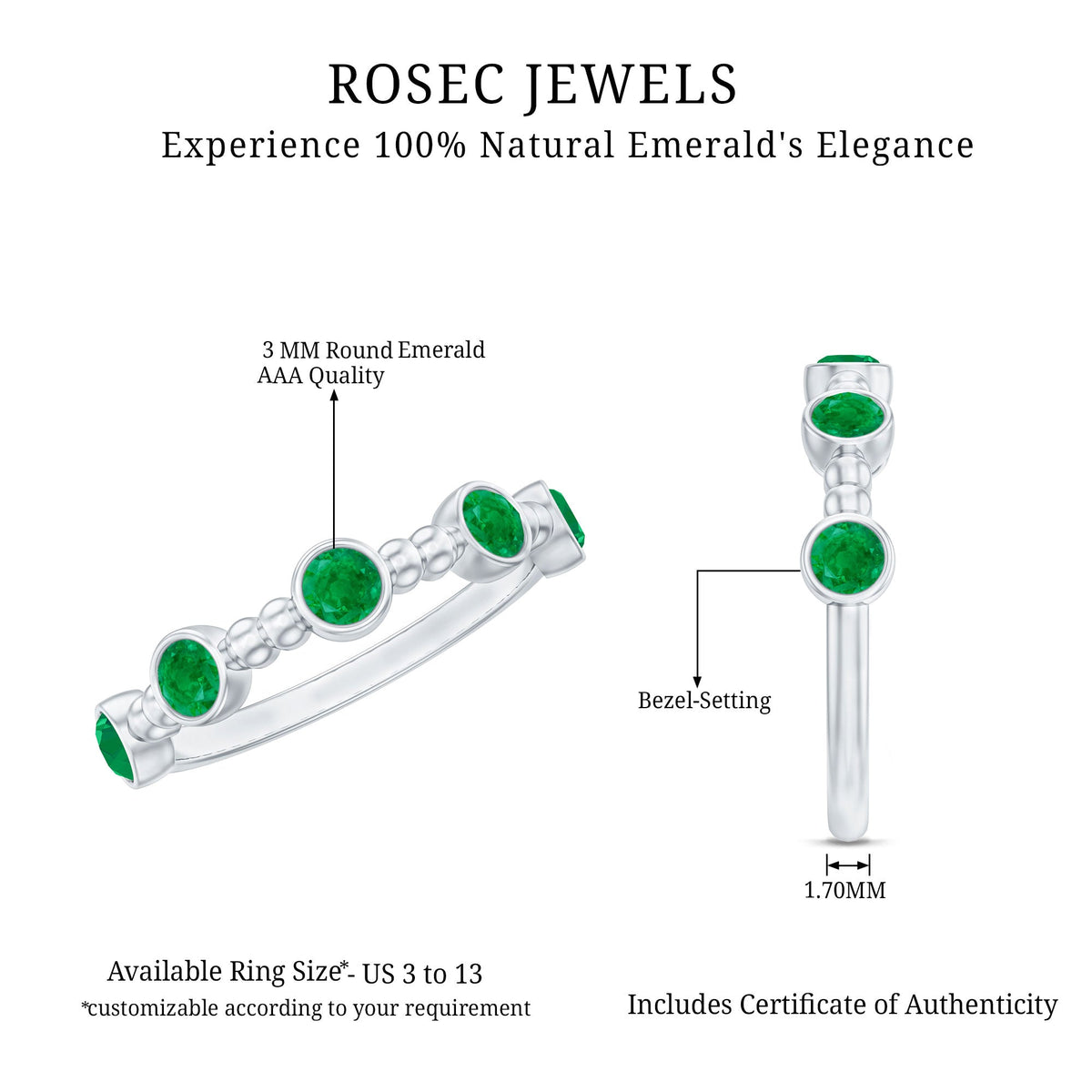 Bezel Set Emerald Half Eternity Ring with Beaded Design
