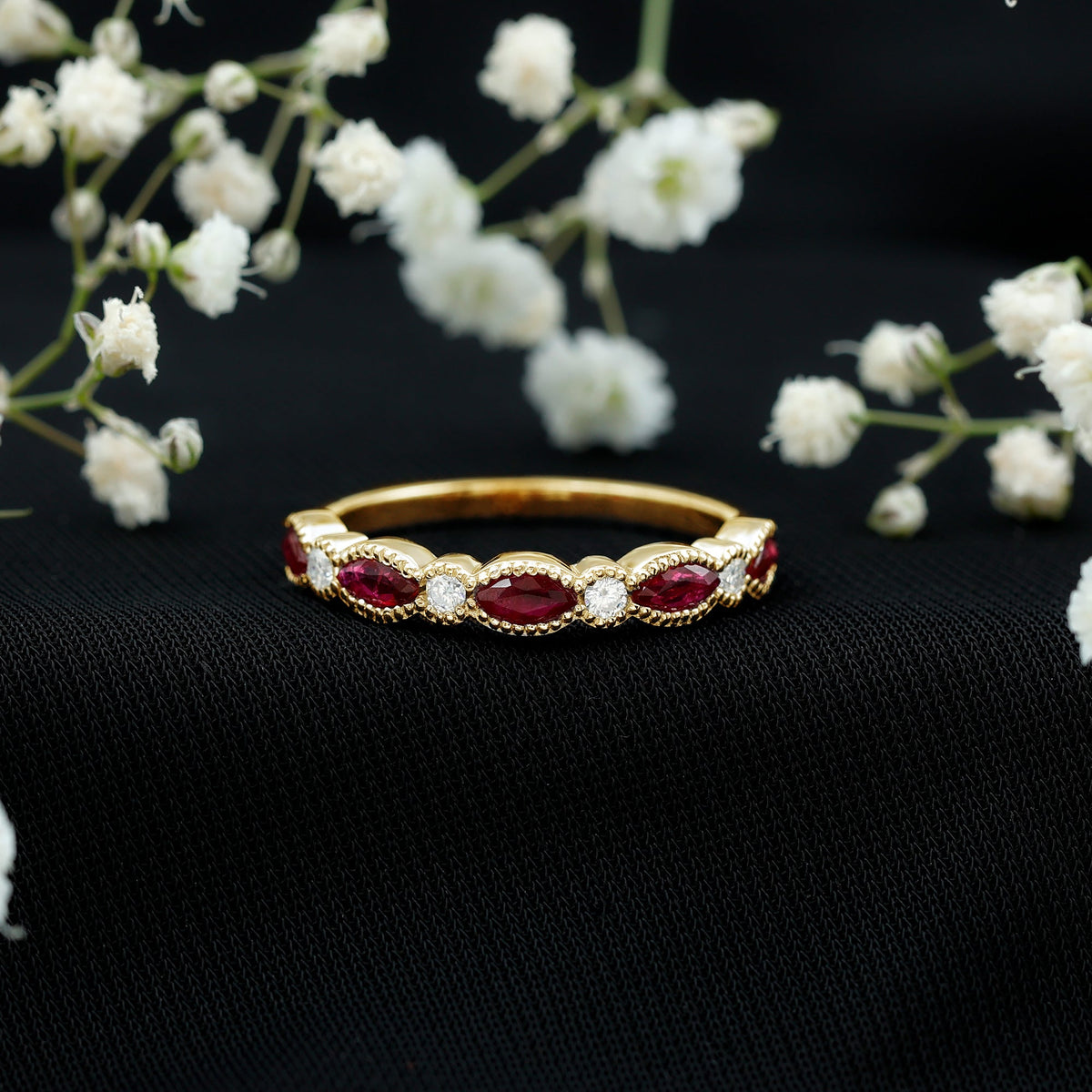 Certified Marquise Ruby Half Eternity Ring with Lab Diamond