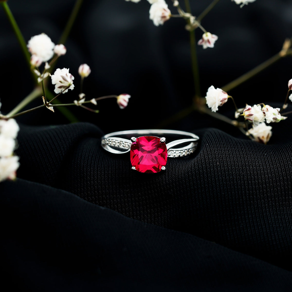 Cushion Cut Solitaire Lab Grown Ruby Infinity Engagement Ring with Diamond