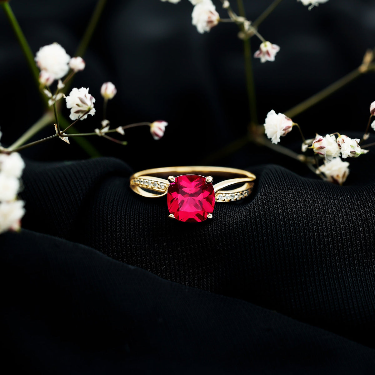 Cushion Cut Solitaire Lab Grown Ruby Infinity Engagement Ring with Diamond