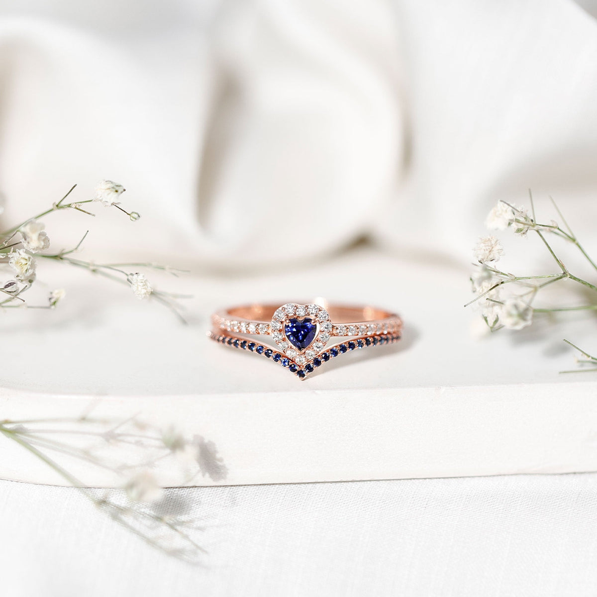 Certified Lab Grown Blue Sapphire Heart Engagement Ring Set with Real Diamond