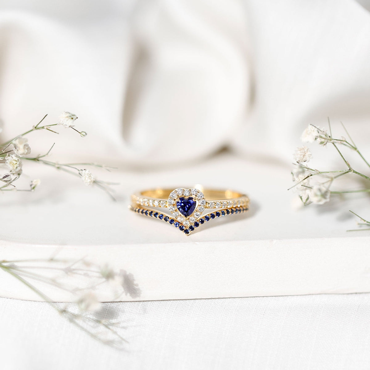 Certified Lab Grown Blue Sapphire Heart Engagement Ring Set with Real Diamond