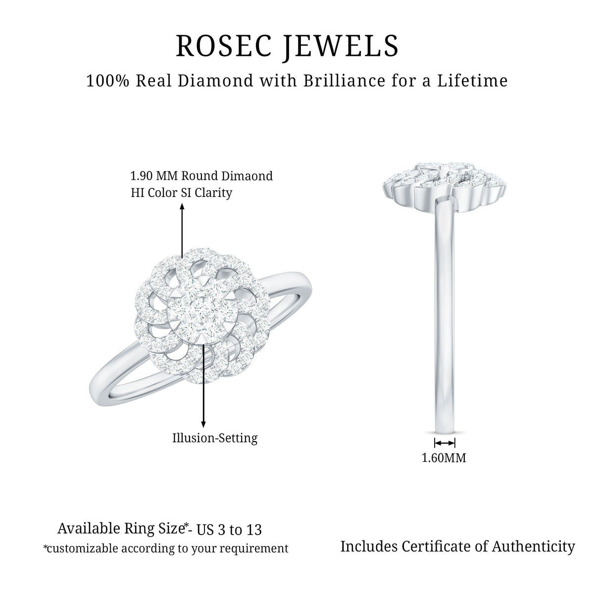Certified Natural Diamond Flower Engagement Ring in Illusion Set