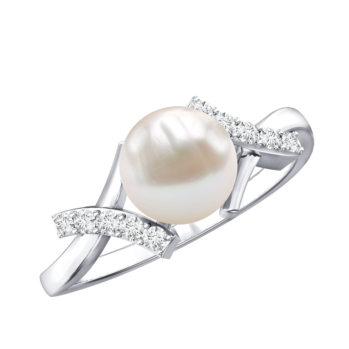 Freshwater Pearl Solitaire Crossover Engagement Ring with Diamond