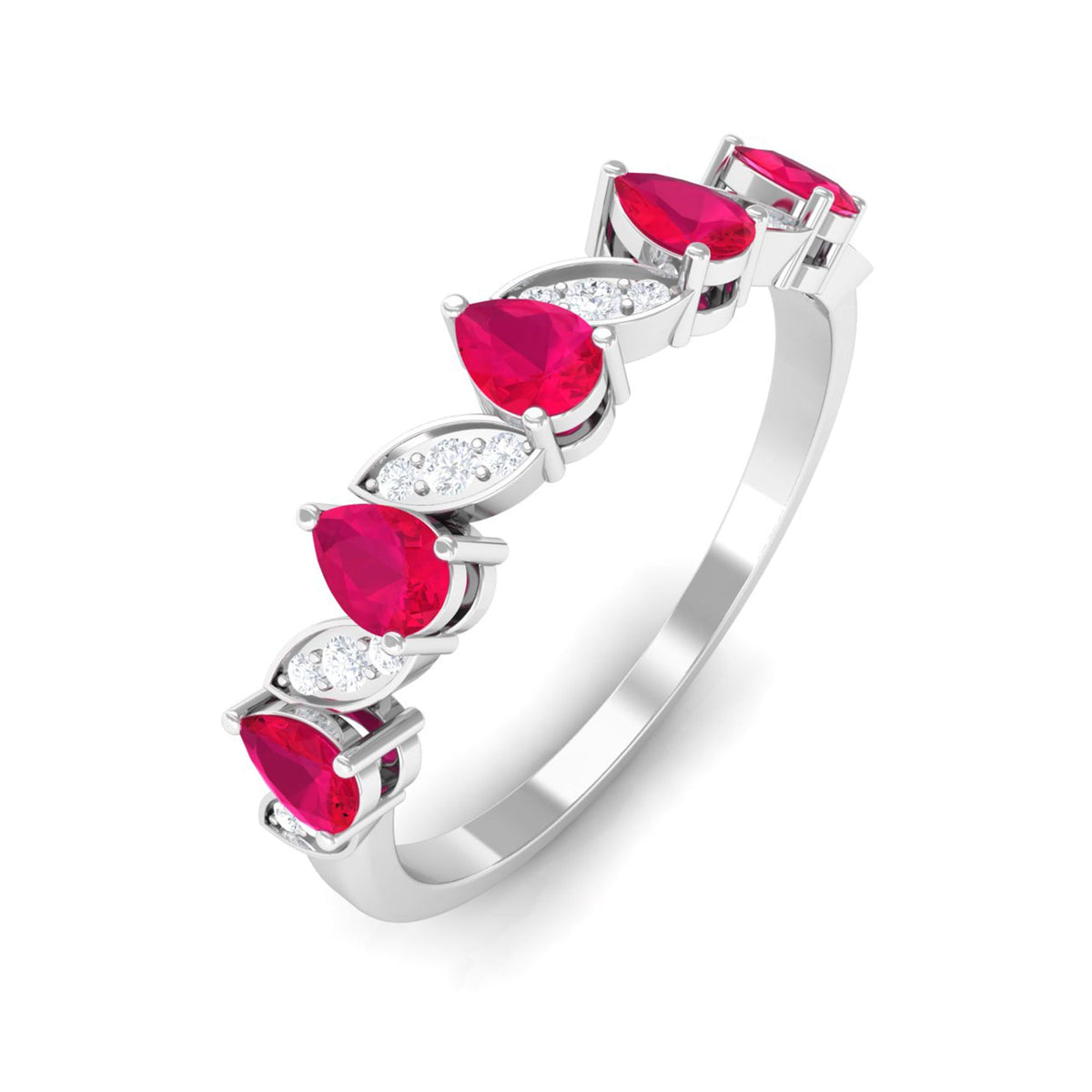 Real Pear Shape Ruby Half Eternity Ring with Diamond for Women