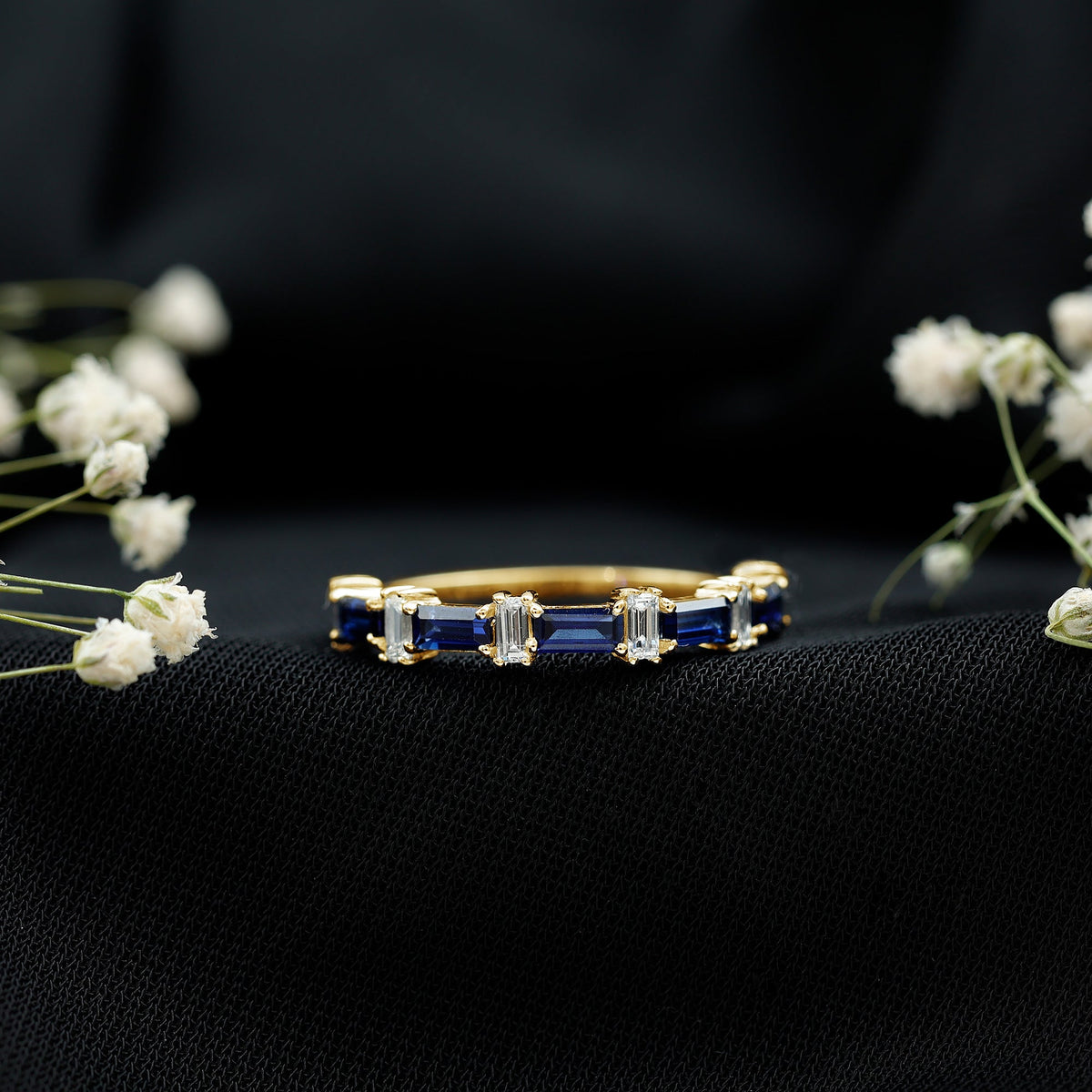 Blue Sapphire and Diamond Half Eternity Ring