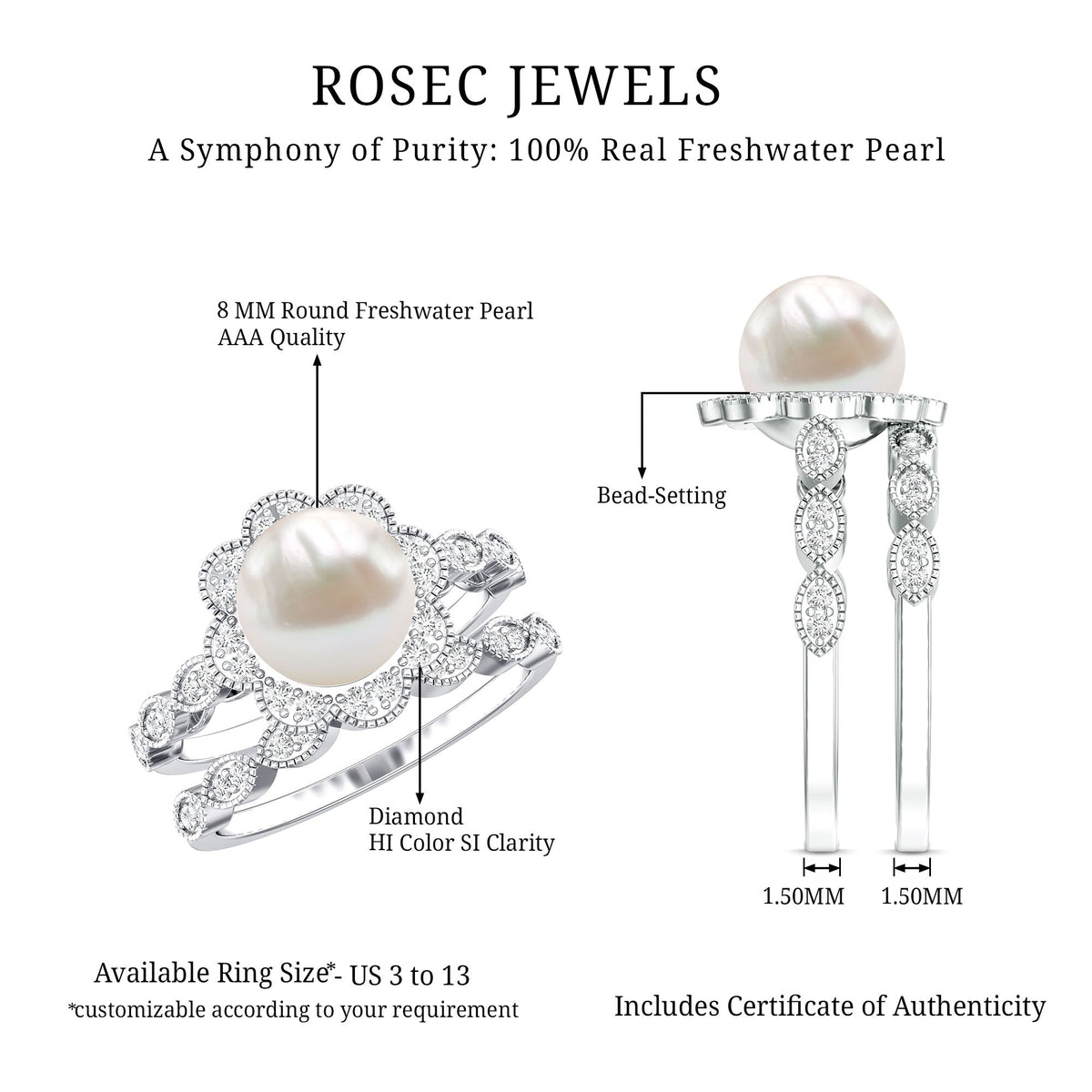 Freshwater Pearl and Diamond Wedding Ring Set