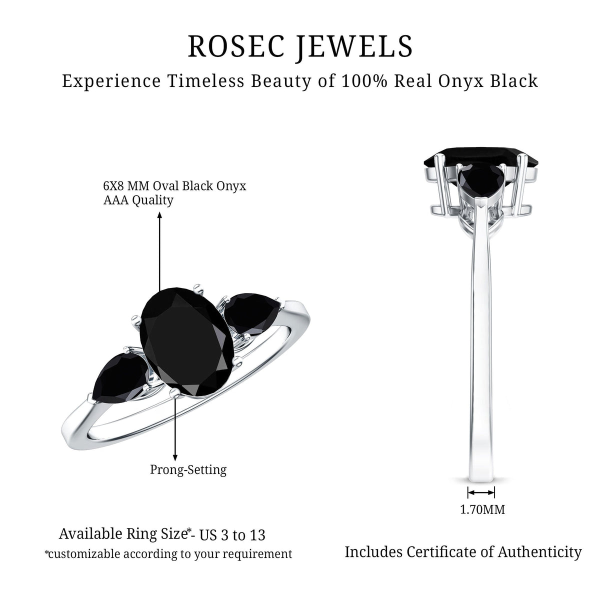 Natural Black Onyx Three Stone Engagement Ring