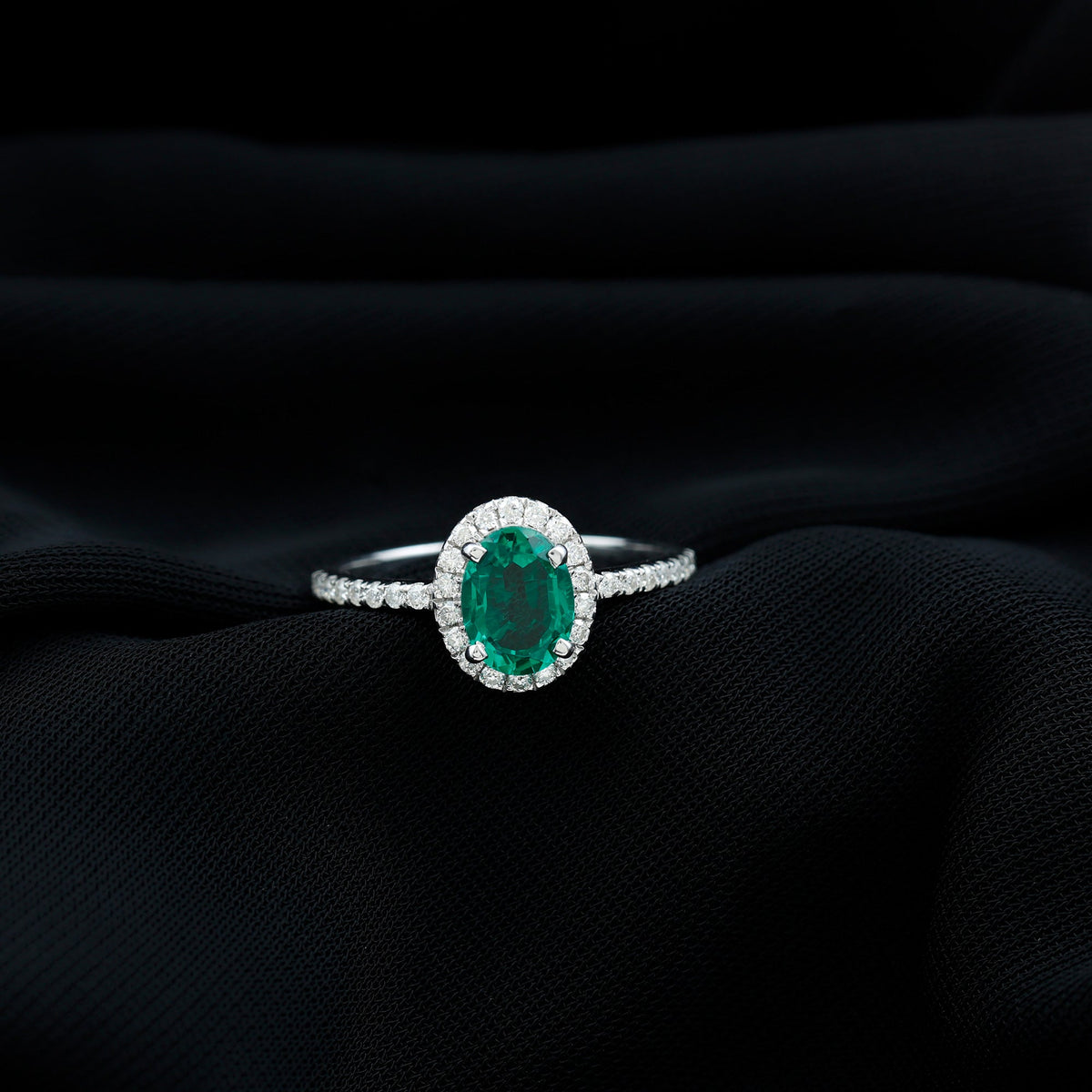 Classic Lab Grown Emerald Oval Engagement Ring with Diamond Halo