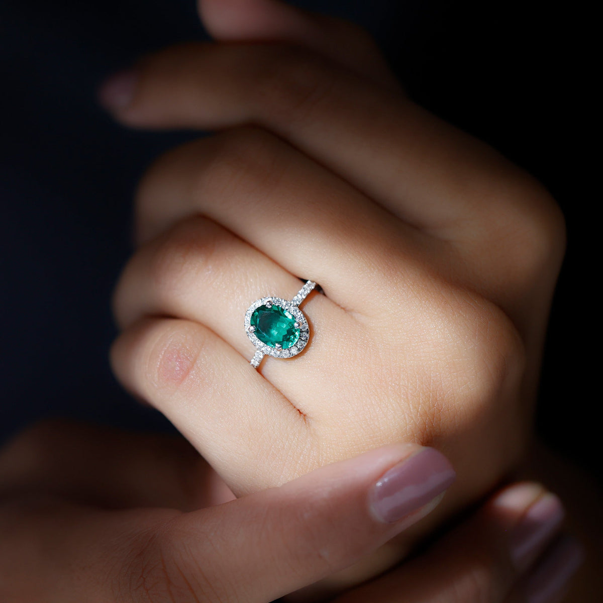 Classic Lab Grown Emerald Oval Engagement Ring with Diamond Halo