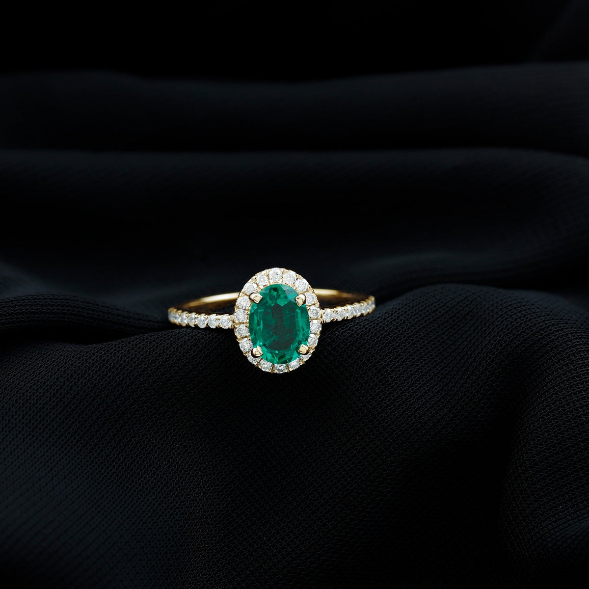 Classic Lab Grown Emerald Oval Engagement Ring with Diamond Halo