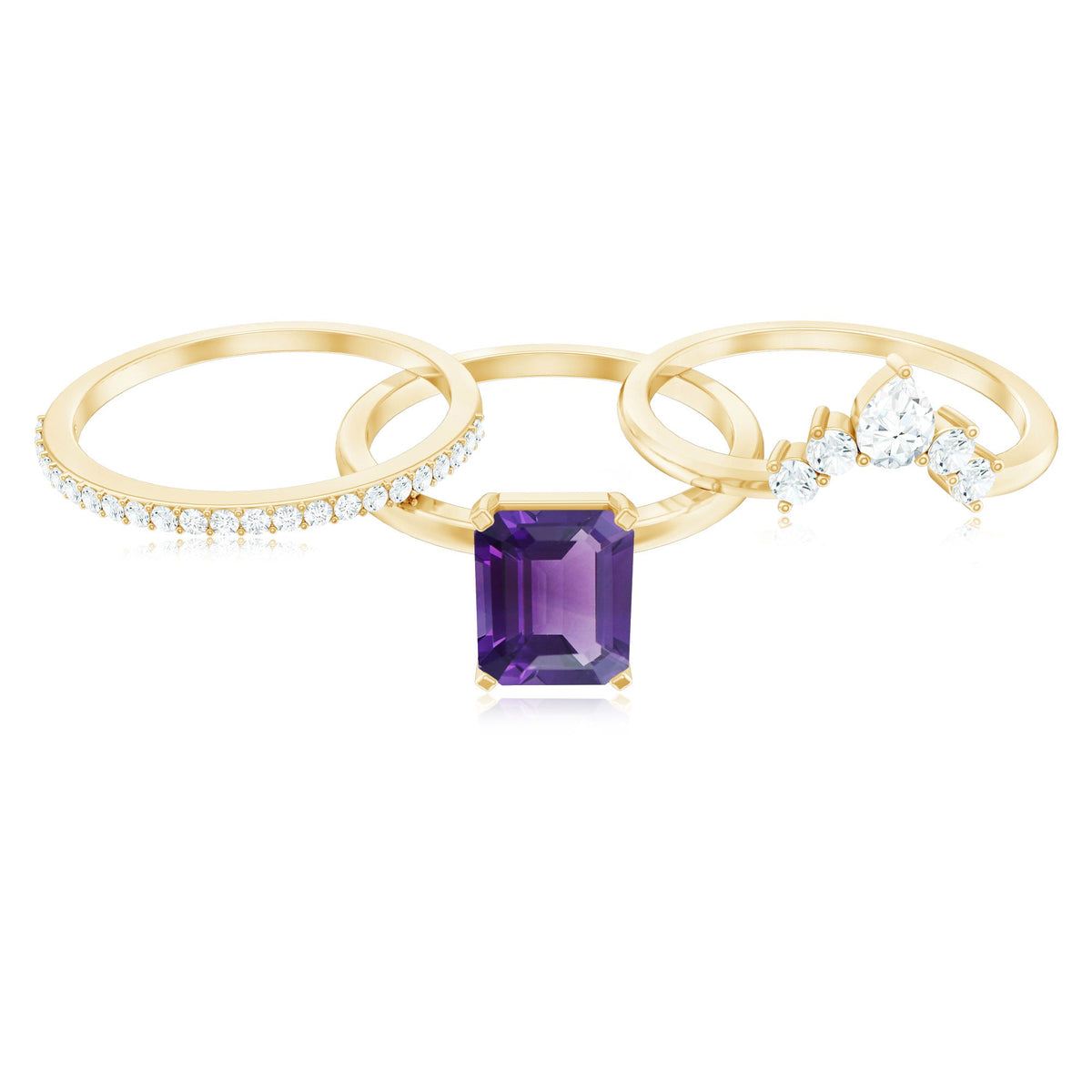 Natural 1.4 Carat Amethyst 3 Piece Bridal Ring Set with Diamond