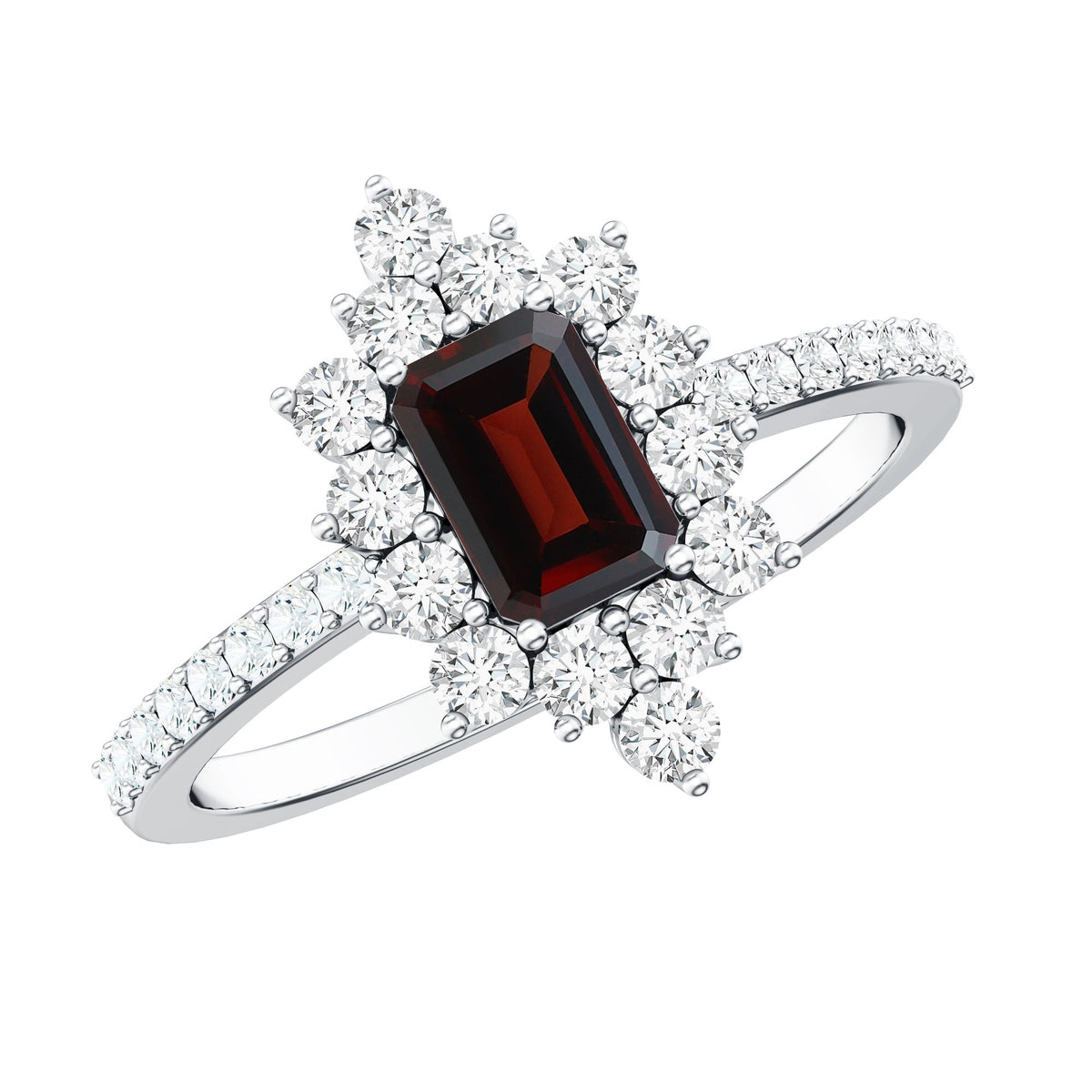 Vintage Inspired Garnet Emerald Cut Engagement Ring with Diamond Halo
