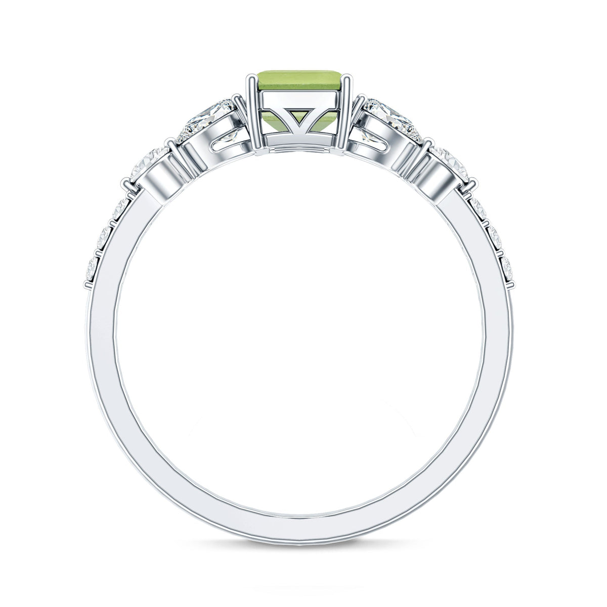 Natural 1.8 Carat Peridot Emerald Cut Engagement Ring with Side Stones