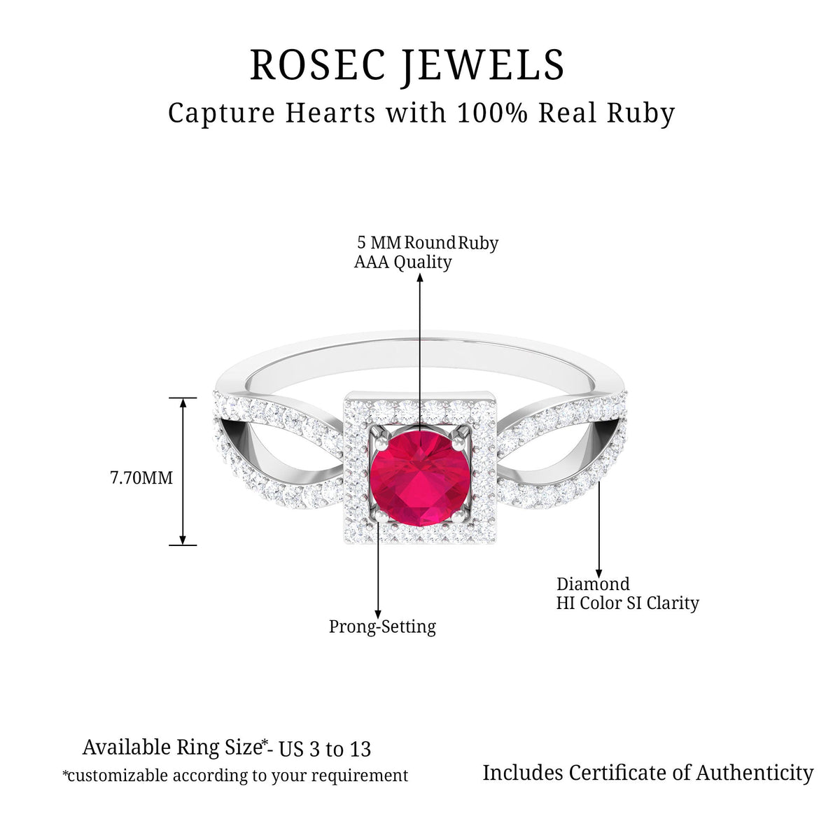 Real 0.6 Carat Ruby Engagement Ring with Diamond Split Shank