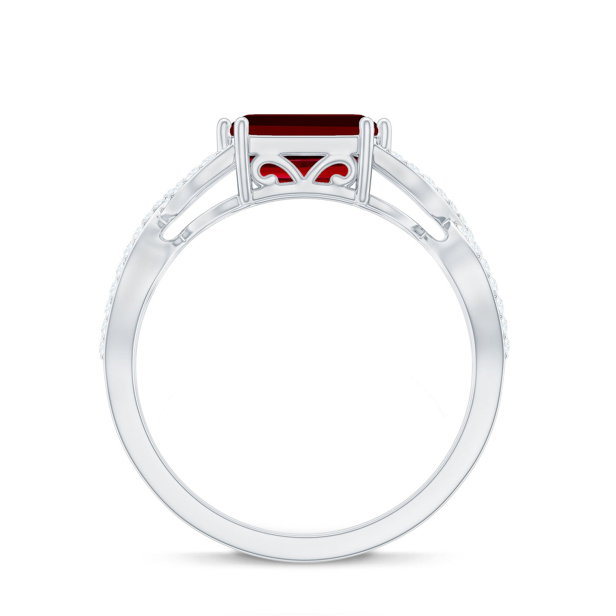Emerald Cut Created Ruby East-West Crossover Ring with Diamond