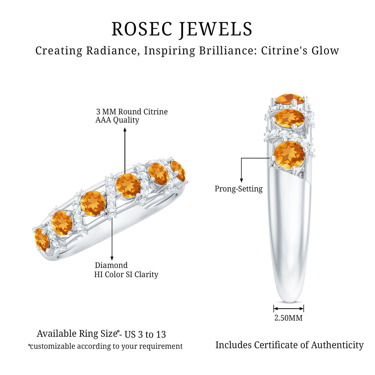 Natural Citrine Diamond Half Eternity Wedding Anniversary Ring