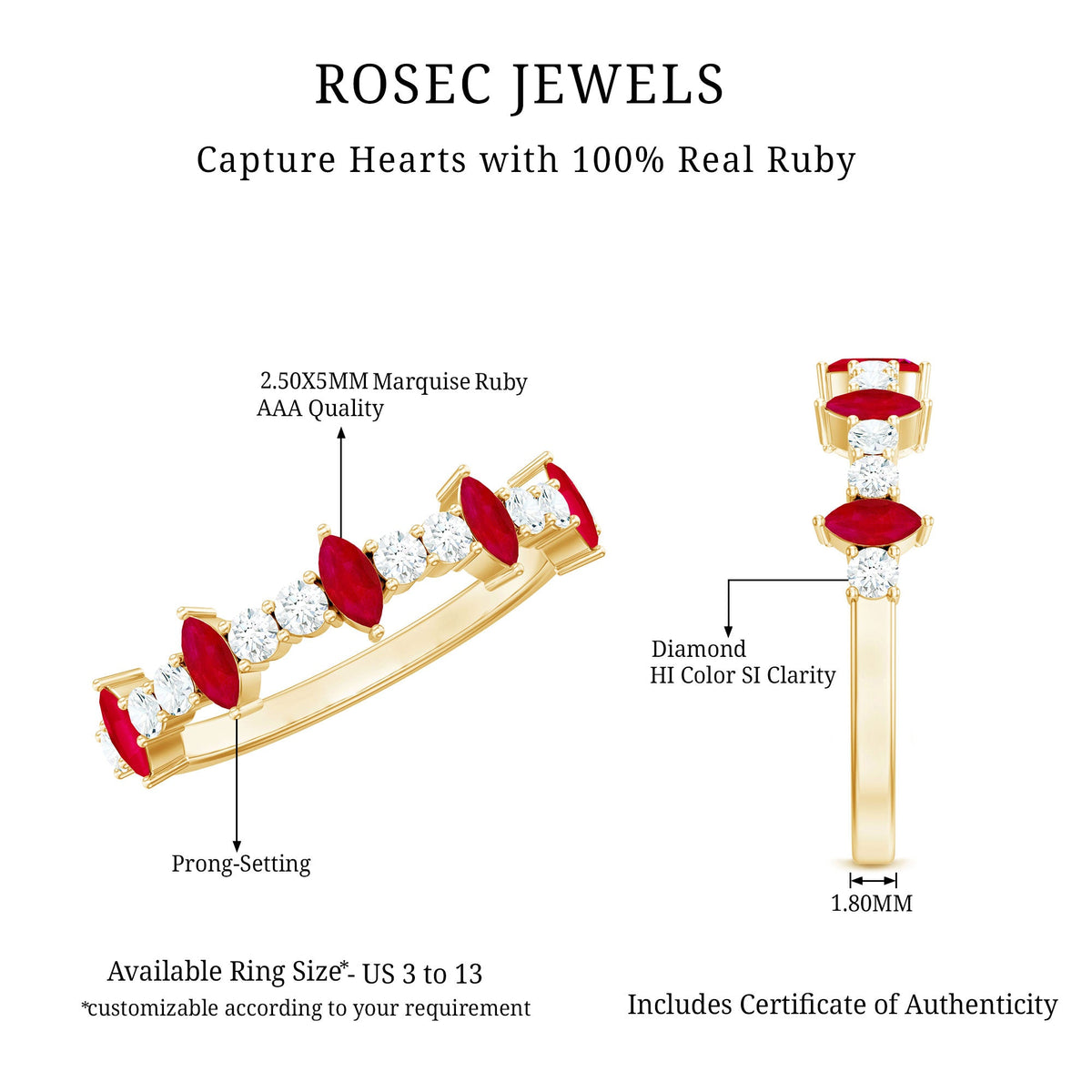 Natural Marquise Ruby Diamond Half Eternity Ring