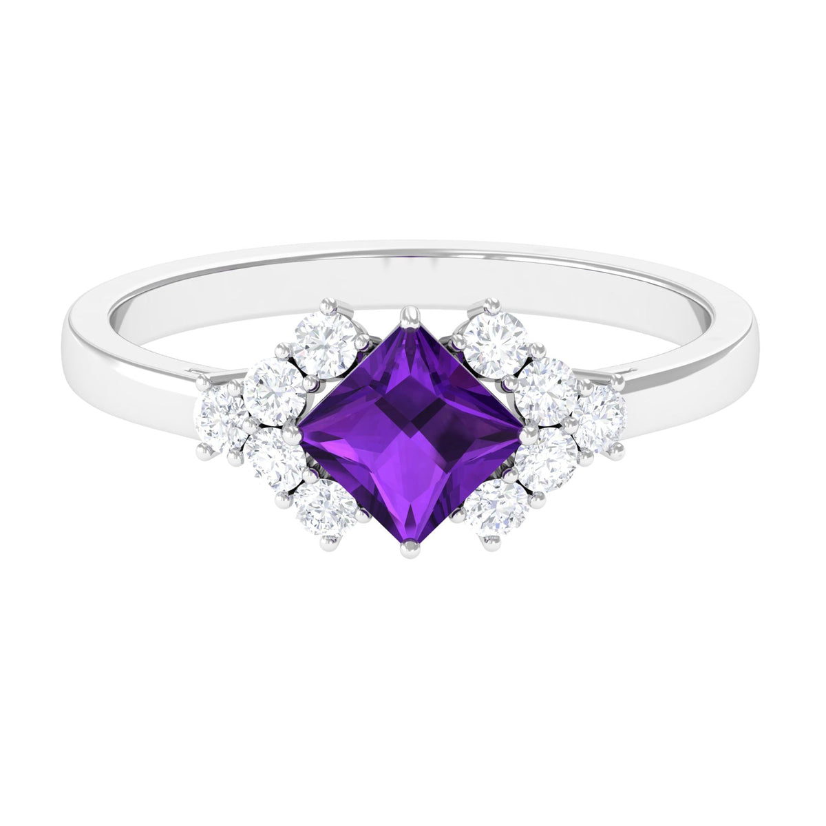 Natural 1.2 Carat Amethyst Princess Cut Engagement Ring with Diamond