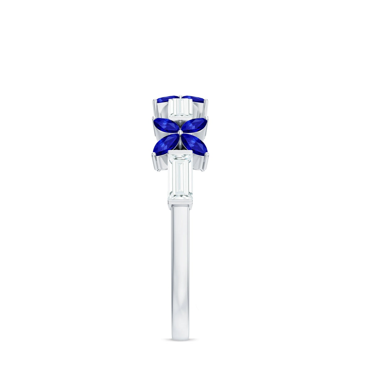 Marquise Cut Created Blue Sapphire and Moissanite Flower Half Eternity Ring