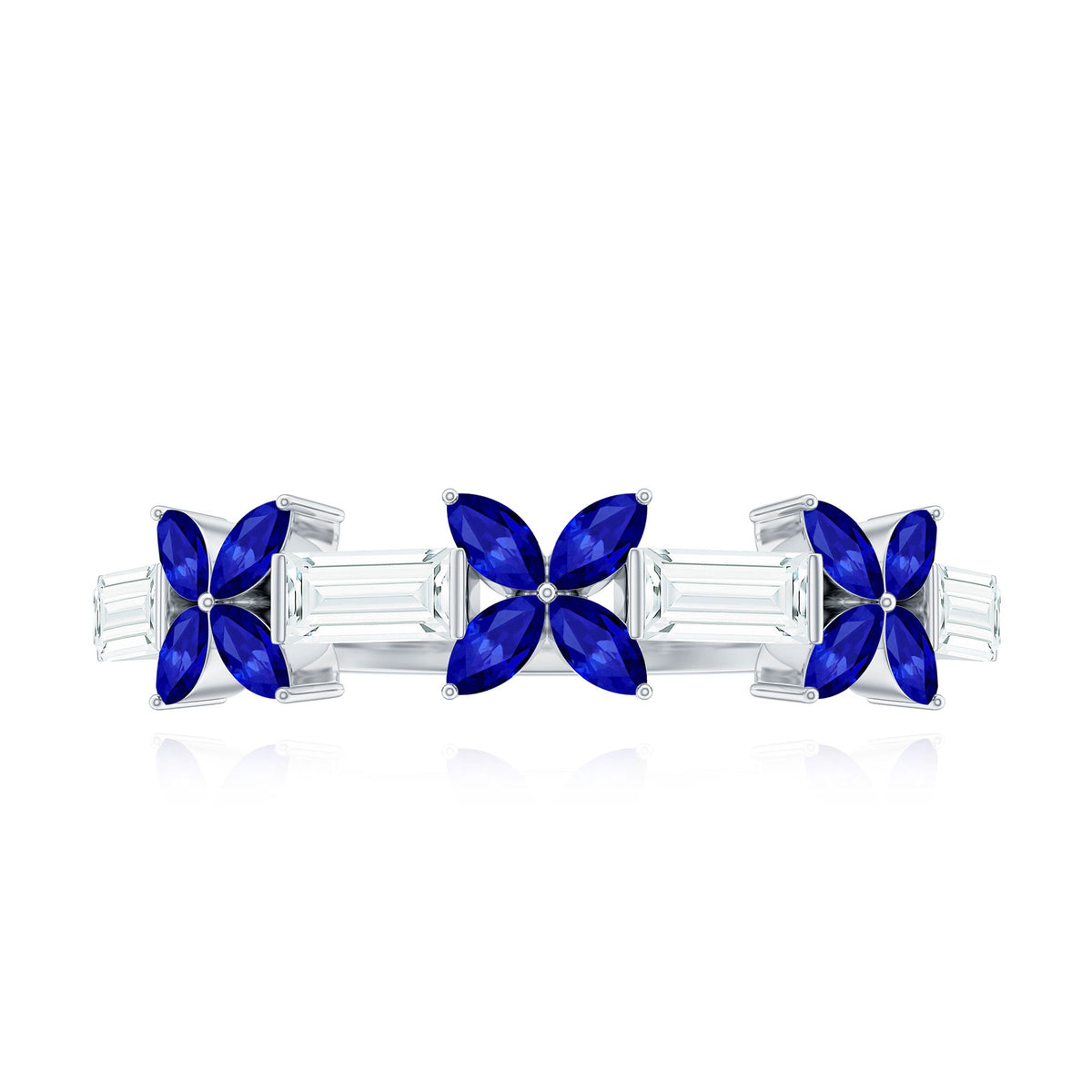 Marquise Cut Created Blue Sapphire and Moissanite Flower Half Eternity Ring