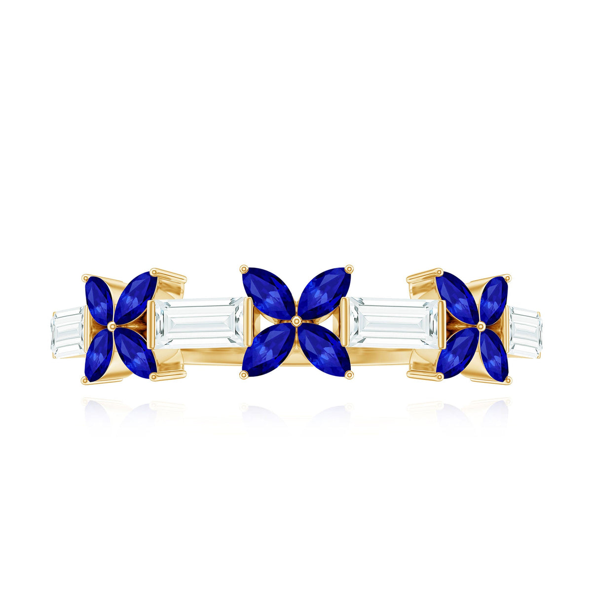 Marquise Cut Created Blue Sapphire and Moissanite Flower Half Eternity Ring