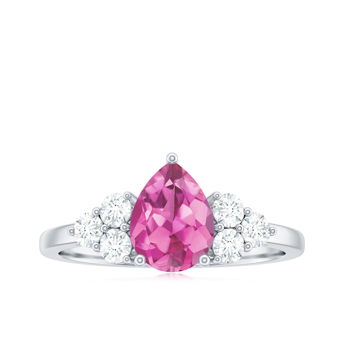 Pear Shaped Pink Tourmaline Solitaire Engagement Ring with Diamond Trio