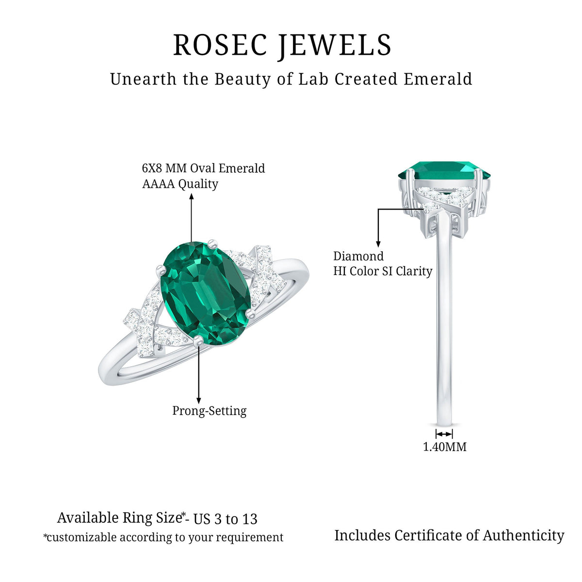 Certified 1.2 Carat Lab Grown Emerald Oval Engagement Ring with Diamond