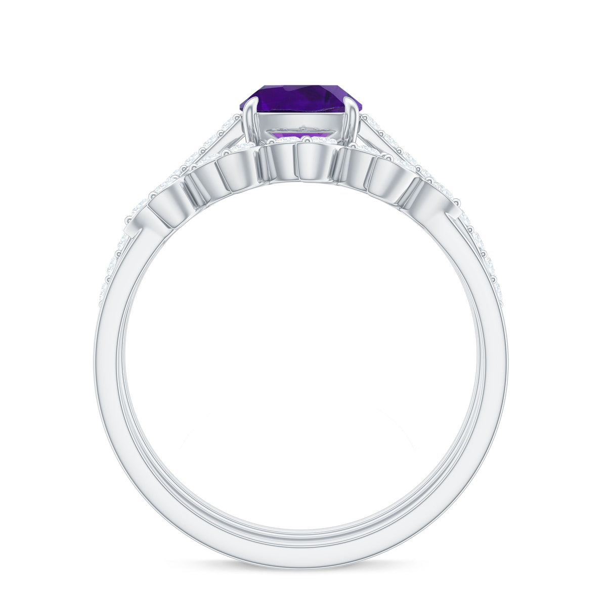 Natural 2 Carat Cushion Cut Amethyst Wedding Bridal Ring Set with Diamond