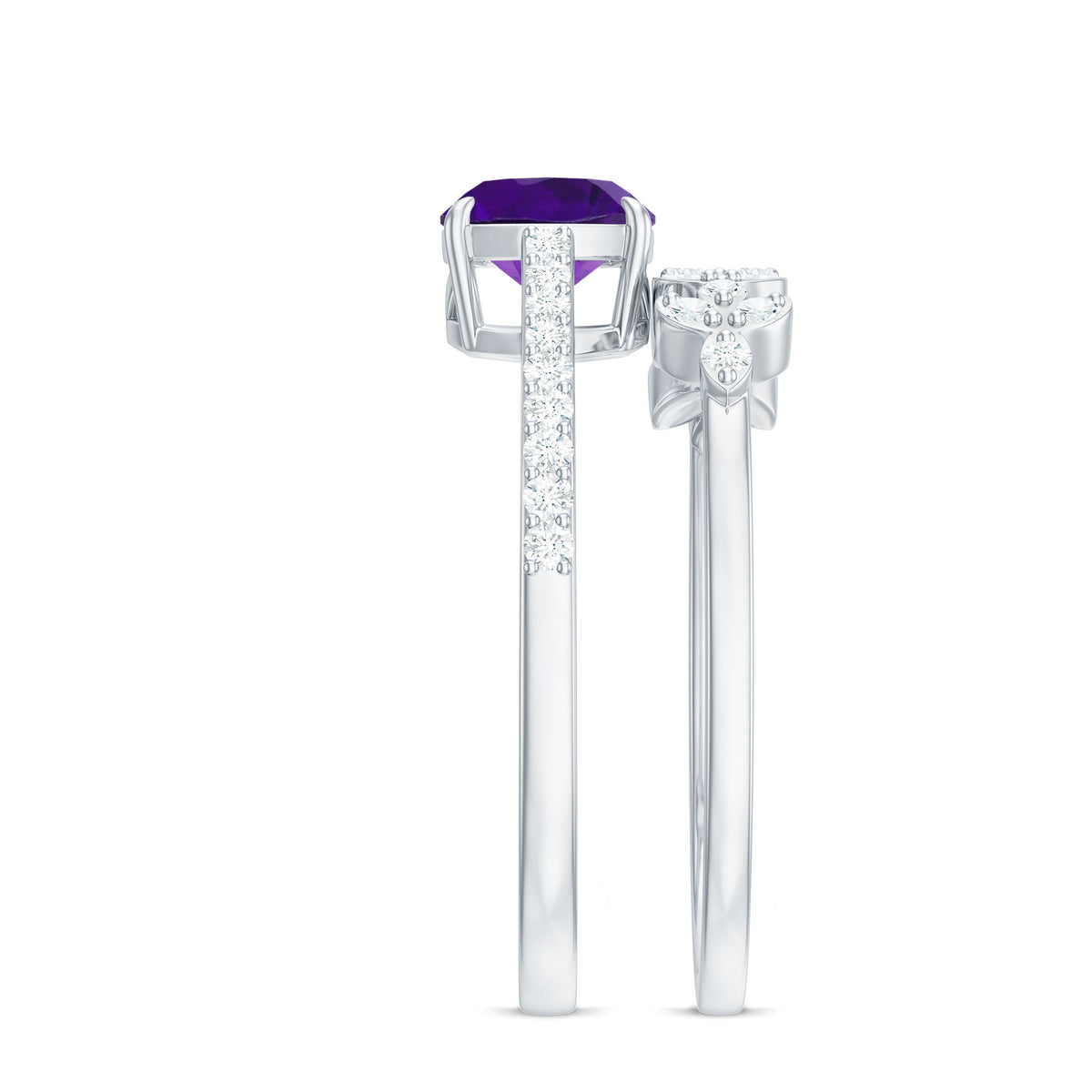 Natural 2 Carat Cushion Cut Amethyst Wedding Bridal Ring Set with Diamond