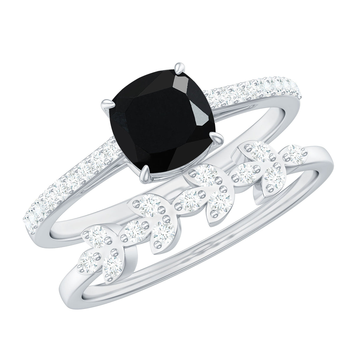 Cushion Cut Black Onyx and Diamond Engagement Ring with Leaf Wedding Band