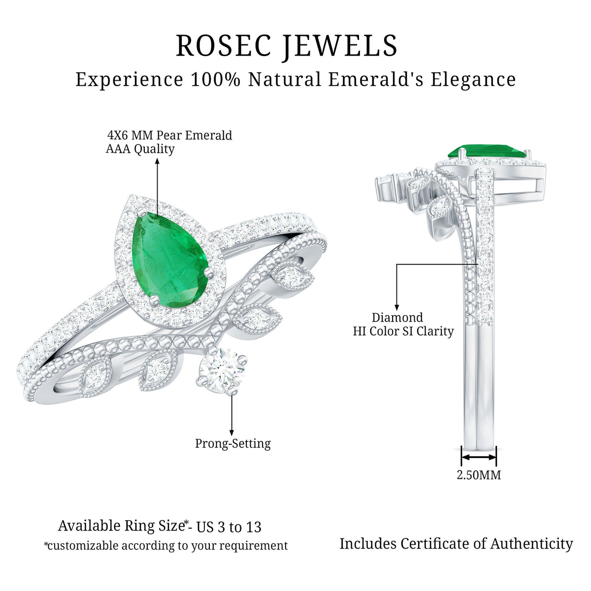 Vintage Looking Emerald Diamond Designer Engagement Wedding Ring Set