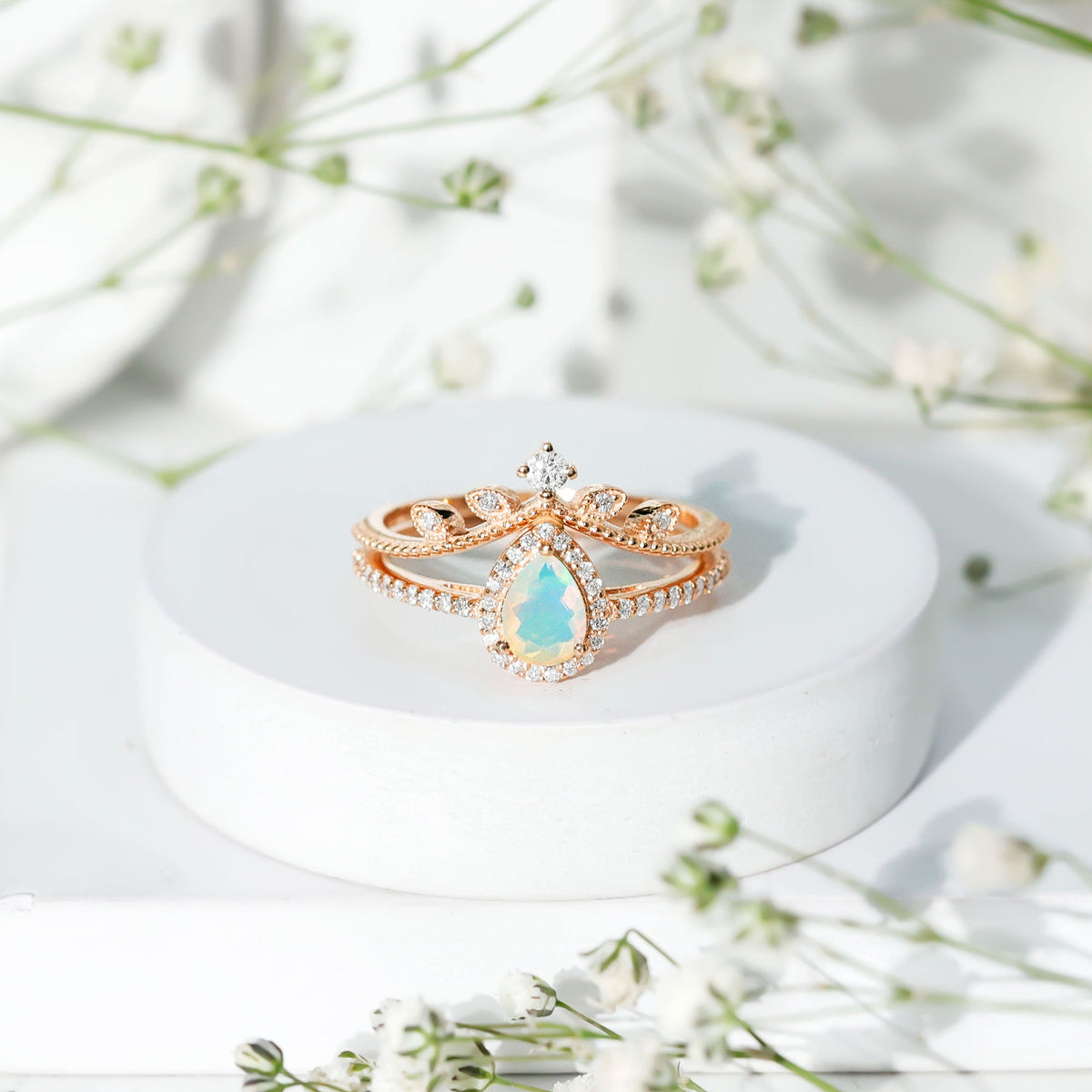 Vintage Inspired Ethiopian Opal Diamond Designer Bridal Ring Set