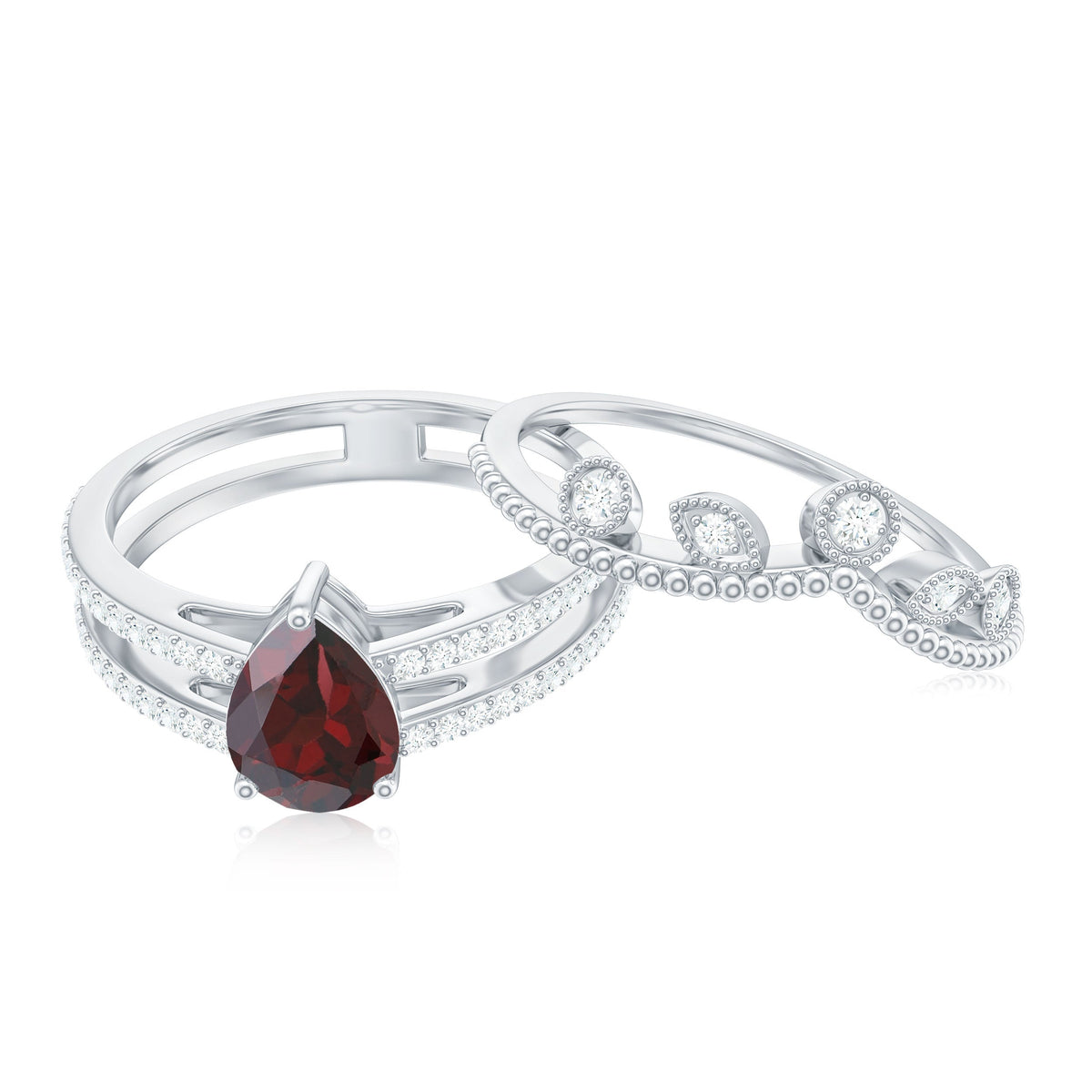 Natural Garnet Diamond Double Band Engagement Ring Wedding Band