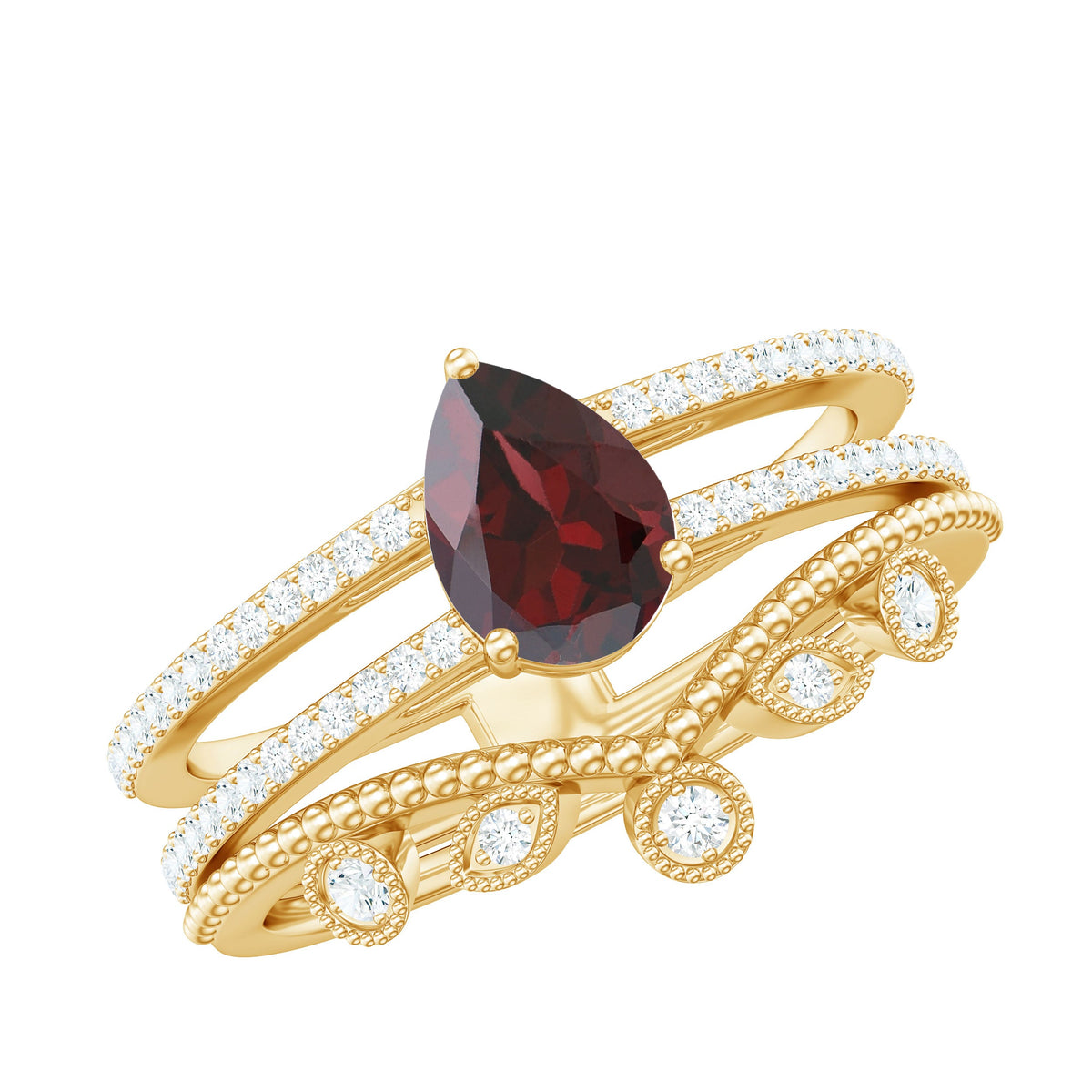 Natural Garnet Diamond Double Band Engagement Ring Wedding Band