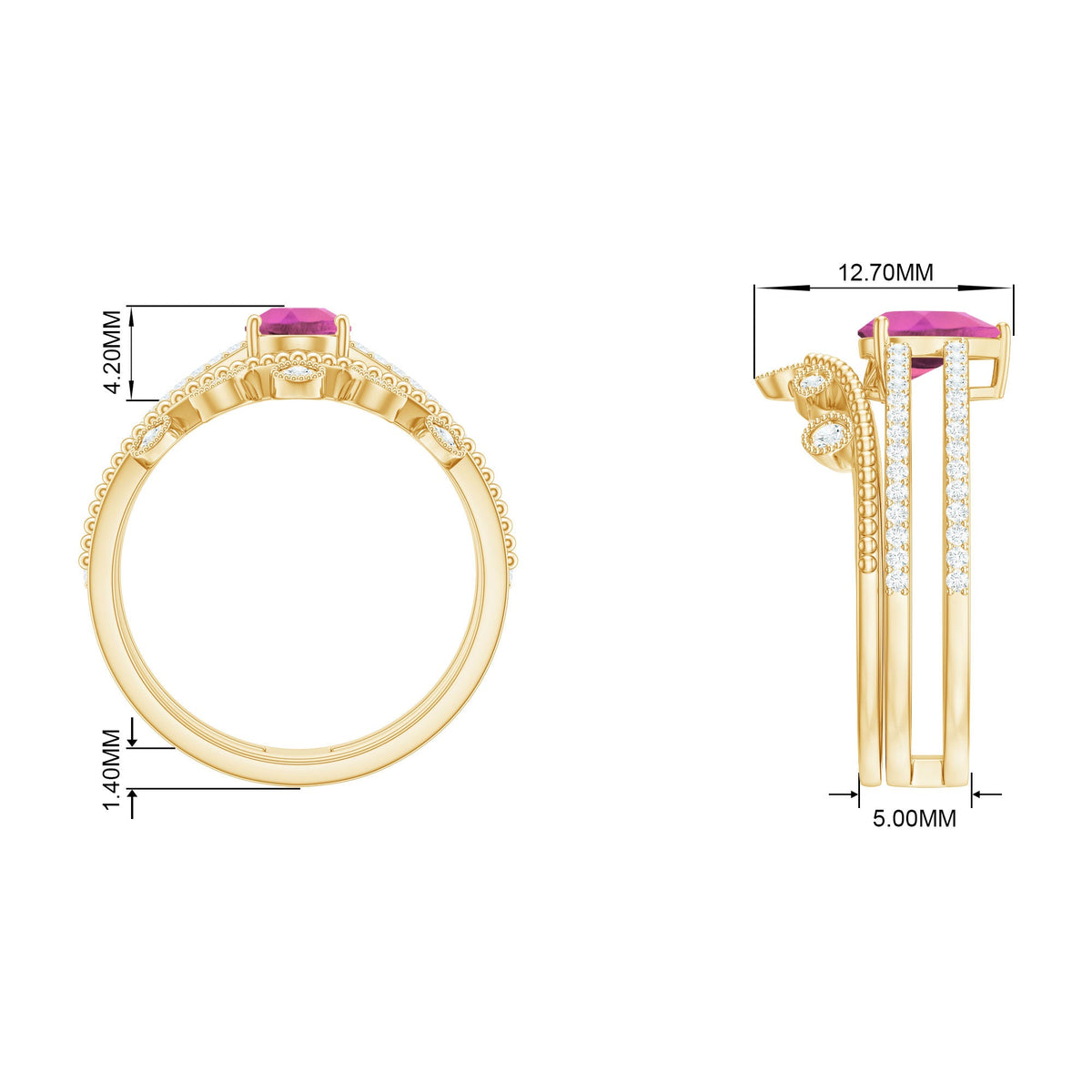Pear Cut Real Pink tourmaline and Moissanite Wedding Ring Set