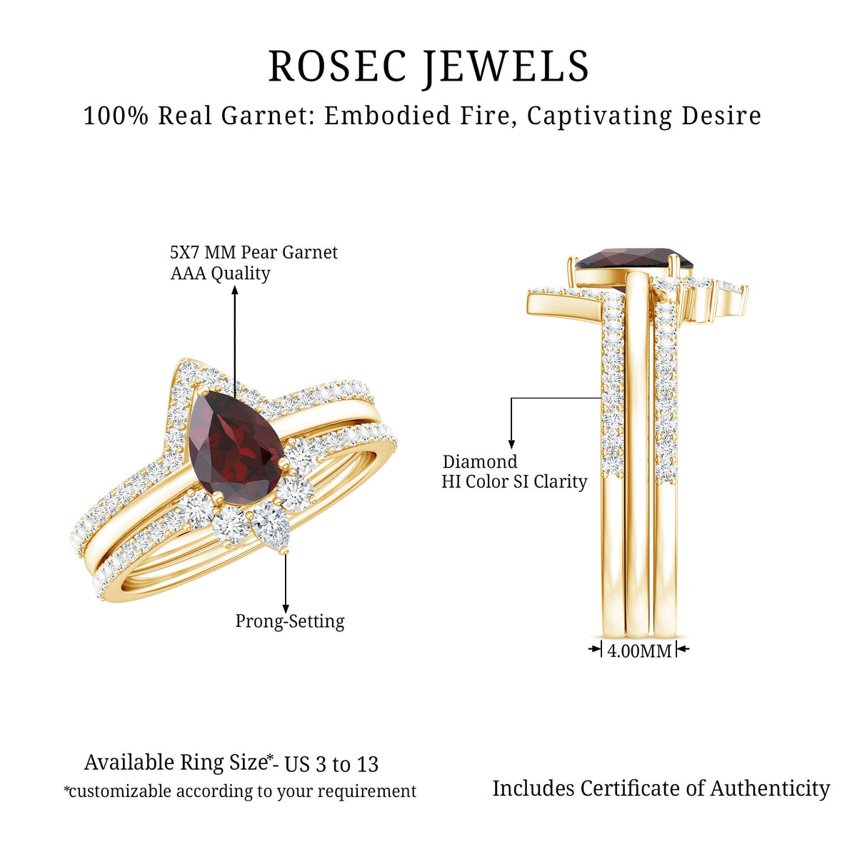Natural 0.8 Carat Pear Shaped Garnet Diamond 3 Piece Bridal Ring Set