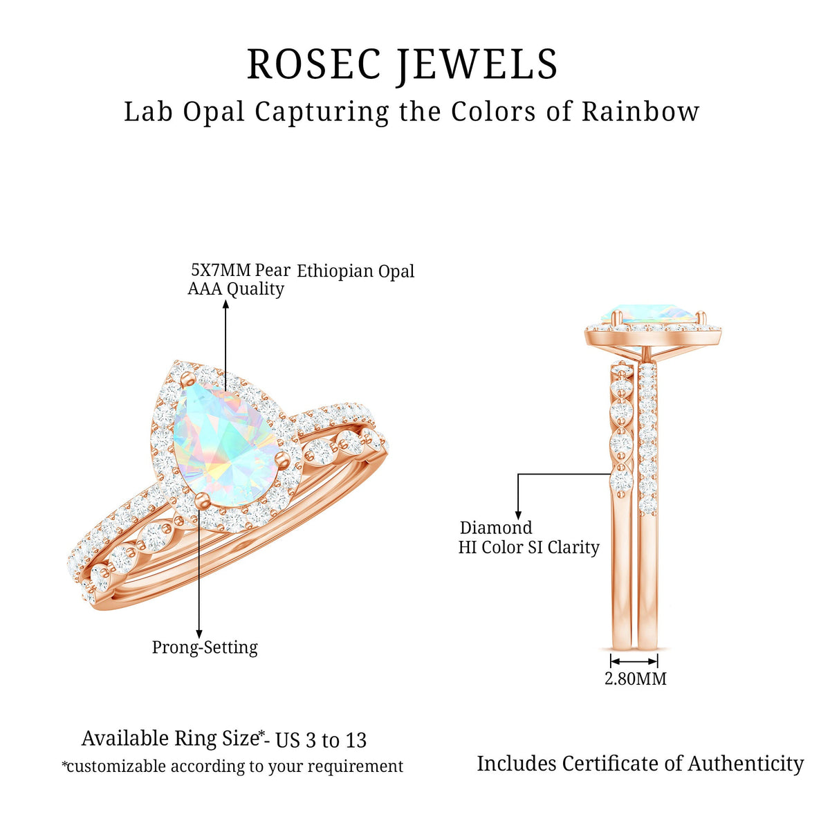 Natural Ethiopian Opal Diamond Pear Shaped Engagement Ring and Wedding Band Set