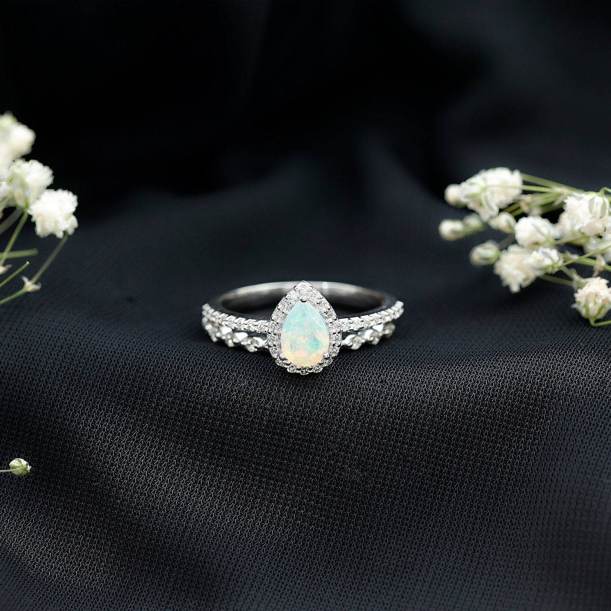 Natural Ethiopian Opal Diamond Pear Shaped Engagement Ring and Wedding Band Set