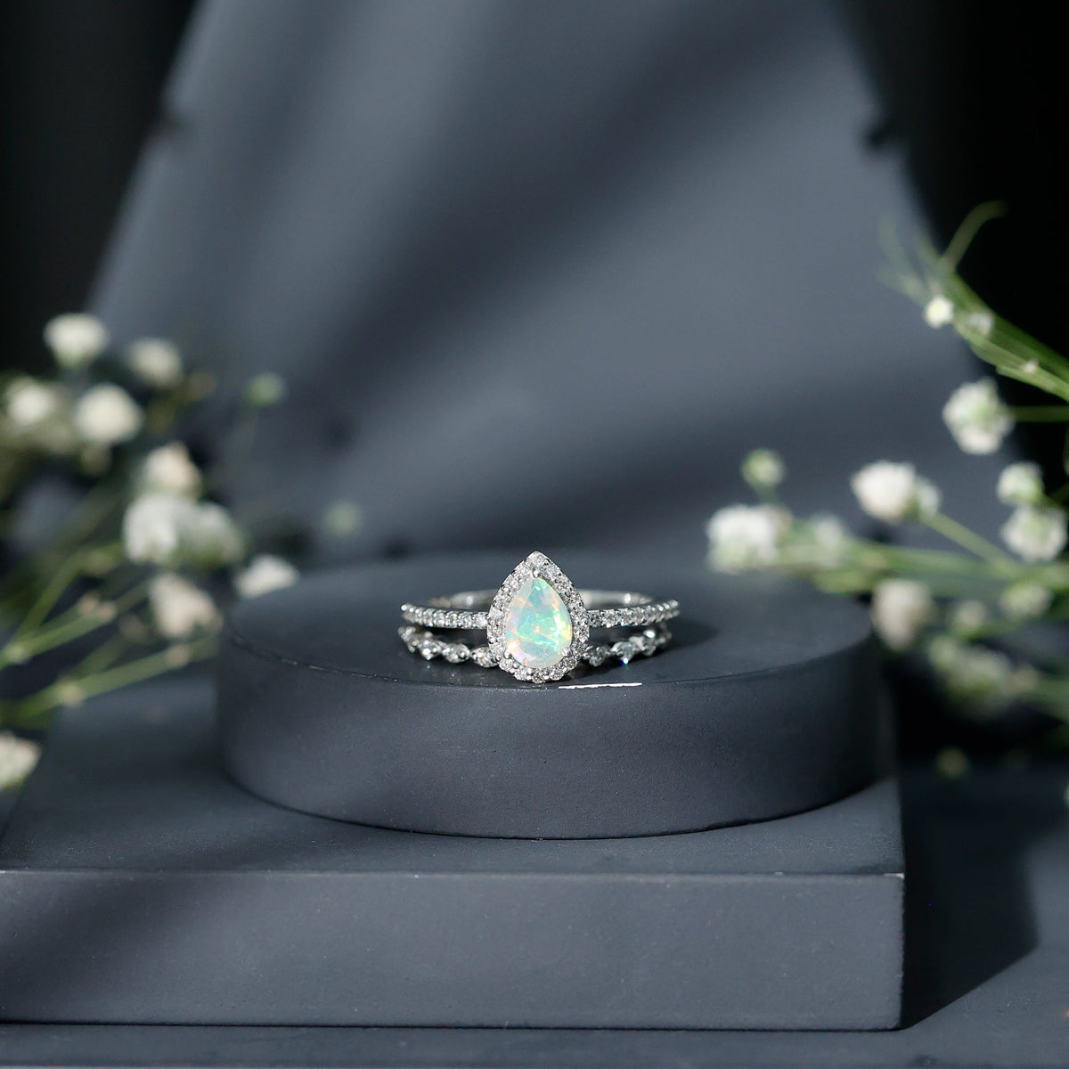 Natural Ethiopian Opal Diamond Pear Shaped Engagement Ring and Wedding Band Set
