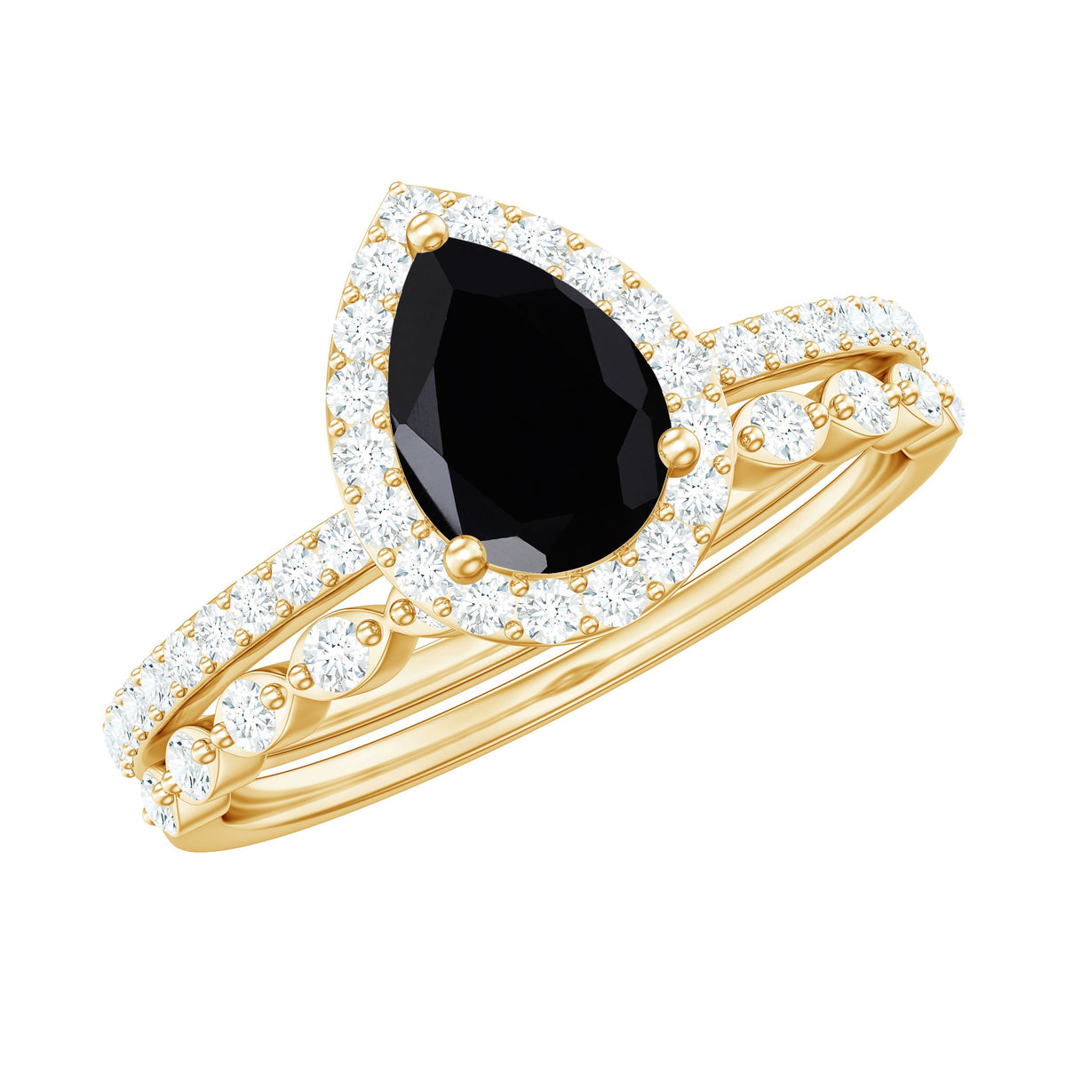 Pear Shaped Black Onyx and Diamond Halo Bridal Ring Set With Certificate