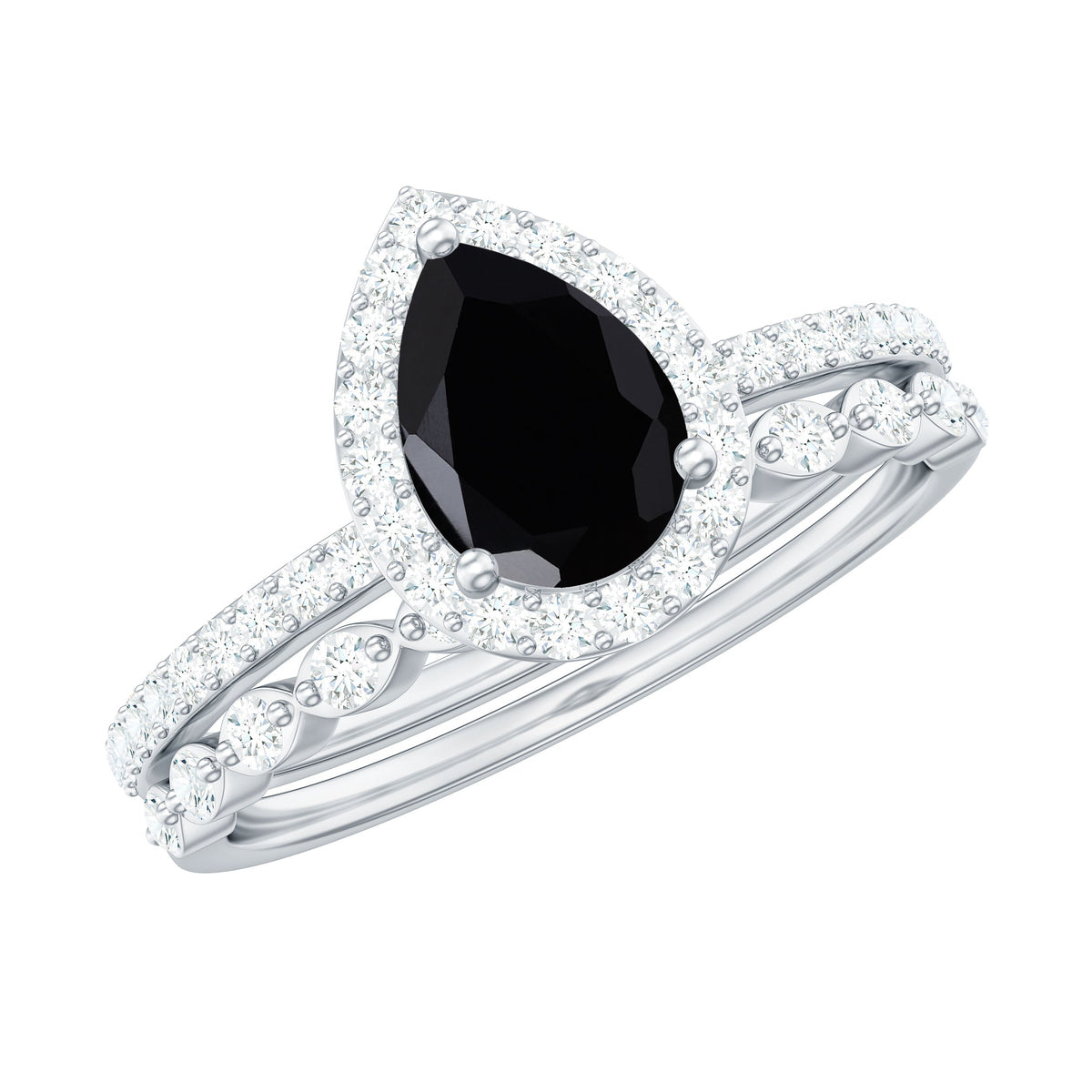 Natural 0.6 Carat Pear Shape Black Spinel Diamond Wedding Engagement Ring Set of 2