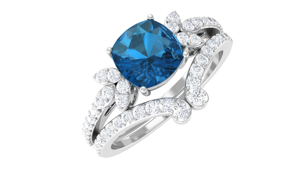Cushion Cut London Blue Topaz Designer Wedding Ring Set with Diamond Band