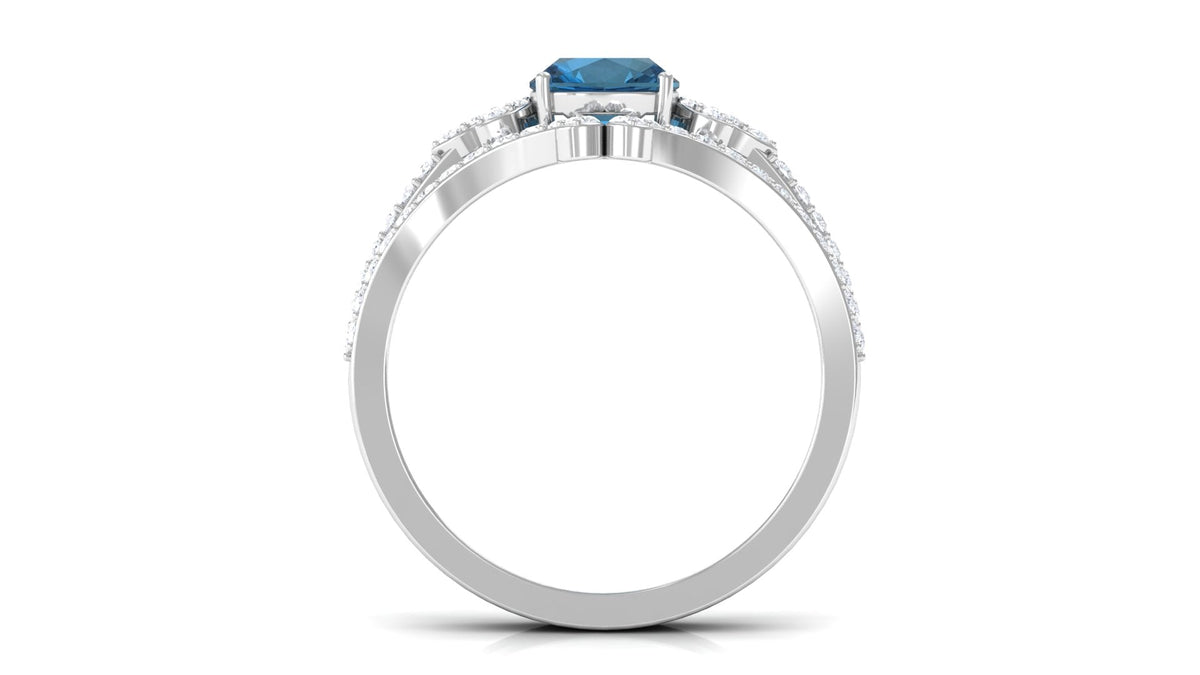 Cushion Cut London Blue Topaz Designer Wedding Ring Set with Diamond Band