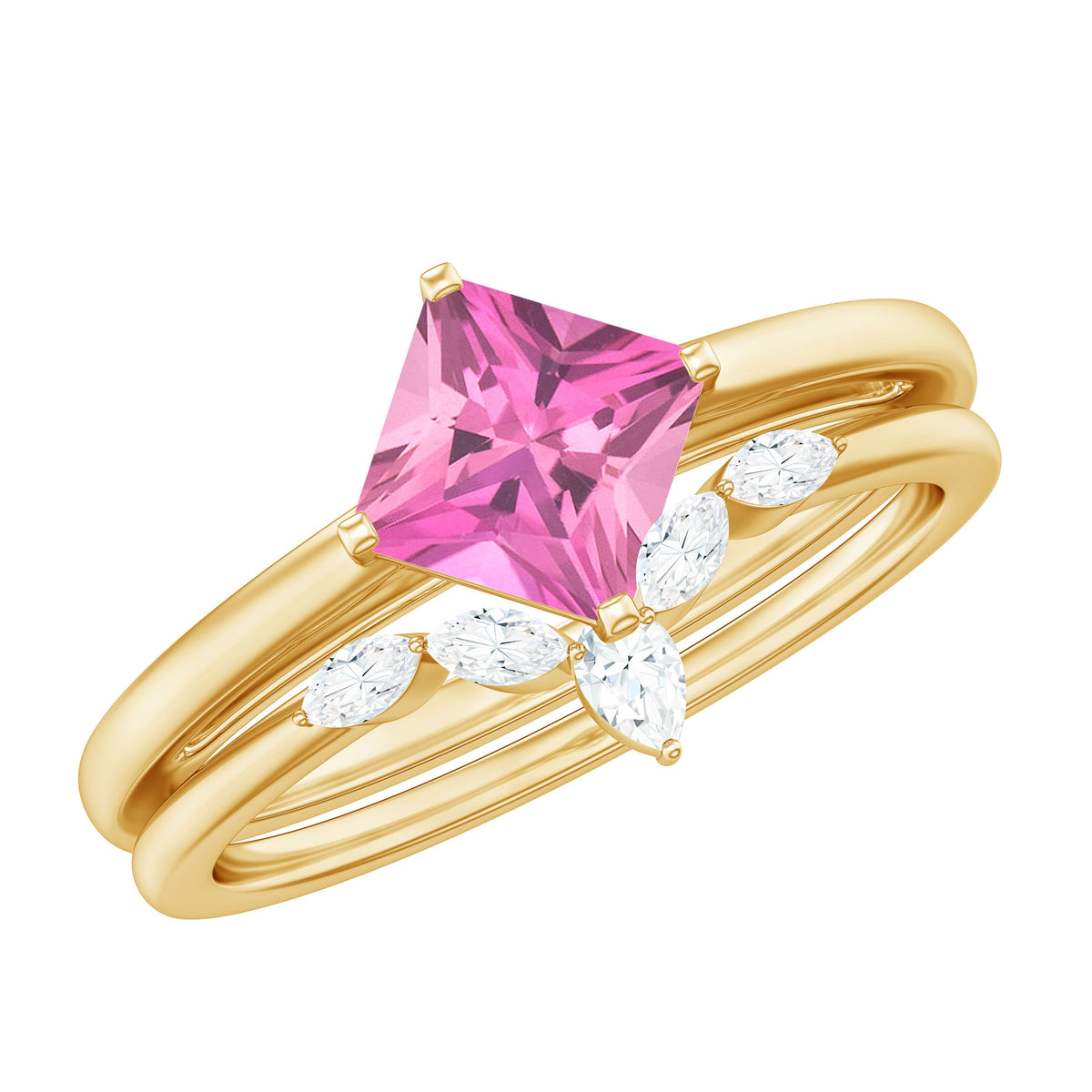 Princess Cut Pink Tourmaline Solitaire Ring Set with Diamond